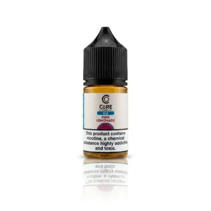 Bottle of Core Ice Pink Lemonade e-liquid with a black dropper cap and warning label visible on front.
