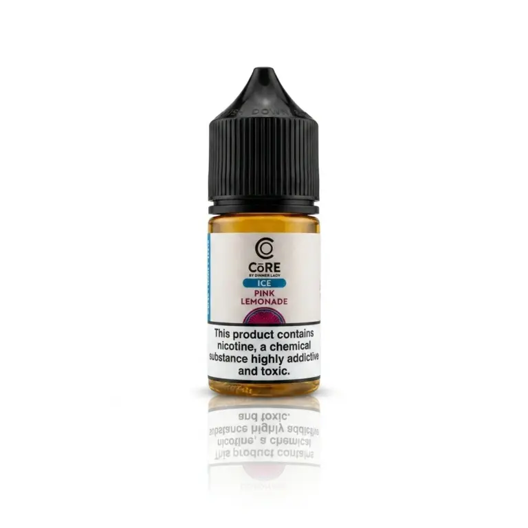 Bottle of Core Ice Pink Lemonade e-liquid with a black dropper cap and warning label visible on front.