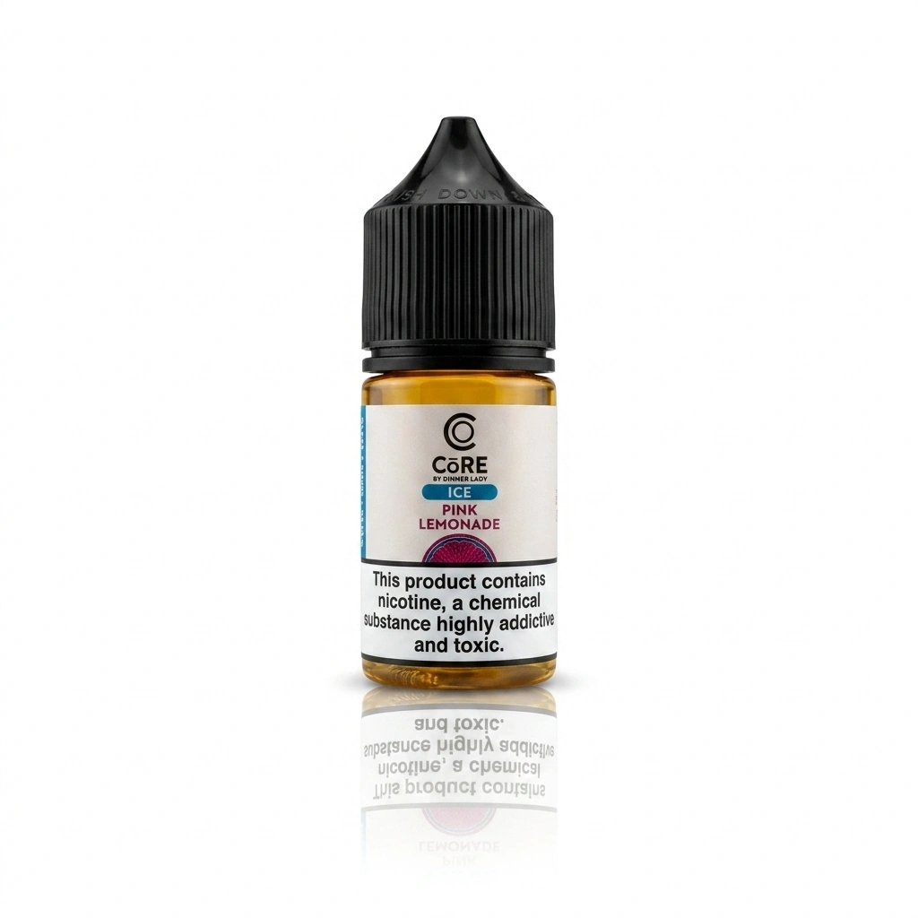 IMG_1246 - Puff Factory BD Bottle of Core Ice Pink Lemonade e-liquid with a black dropper cap and warning label visible on front.