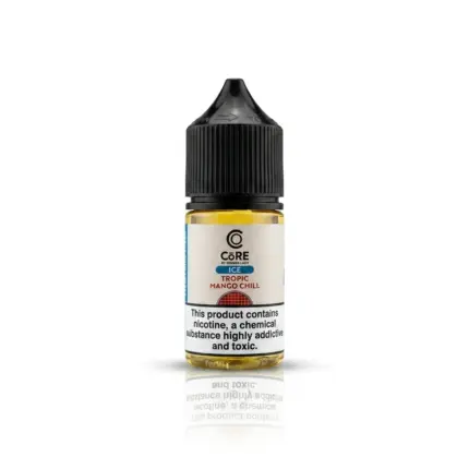 E-liquid bottle labeled Core Tropic Mango Chill with black cap; nicotine warning on the label.
