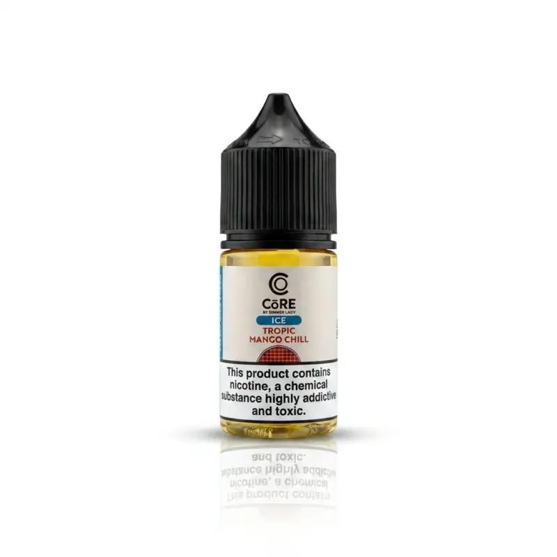 E-liquid bottle labeled Core Tropic Mango Chill with black cap; nicotine warning on the label.
