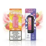 Two vape boxes with devices: a pink Strawberry Burst Swap pod on the left and a black Elfbar Joionone V2 on the right, strawberry-themed backdrop.