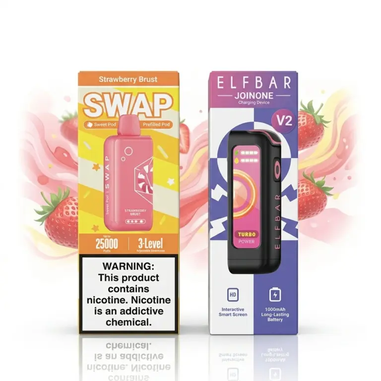 Two vape boxes with devices: a pink Strawberry Burst Swap pod on the left and a black Elfbar Joionone V2 on the right, strawberry-themed backdrop.