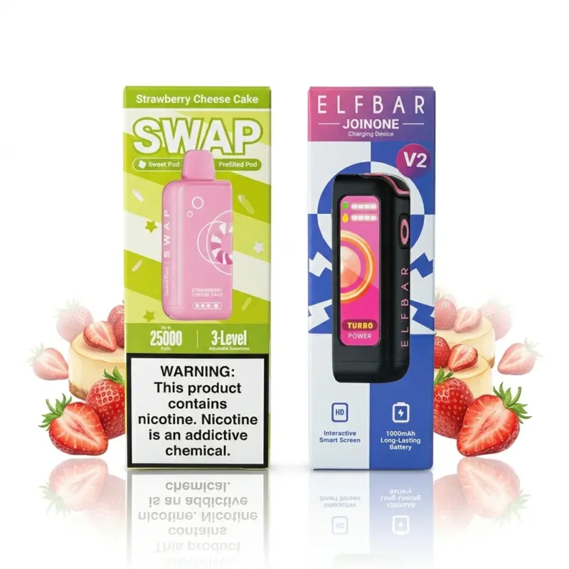 Two vape product boxes standing upright with strawberry decorations around them (pink SWAP box on the left, blue/purple Elfbarr on the right).