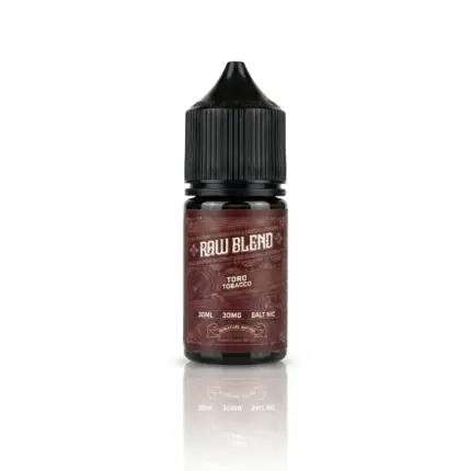 E-liquid bottle labeled 'Raw Blend' Toro Tobacco, 30ml, nicotine salt, with black cap, white background and reflection below.