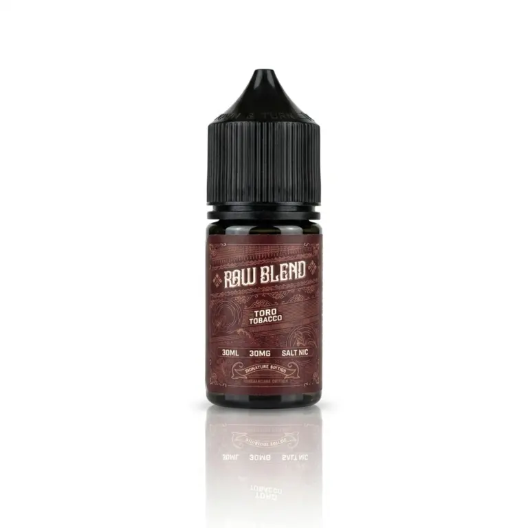 E-liquid bottle labeled 'Raw Blend' Toro Tobacco, 30ml, nicotine salt, with black cap, white background and reflection below.