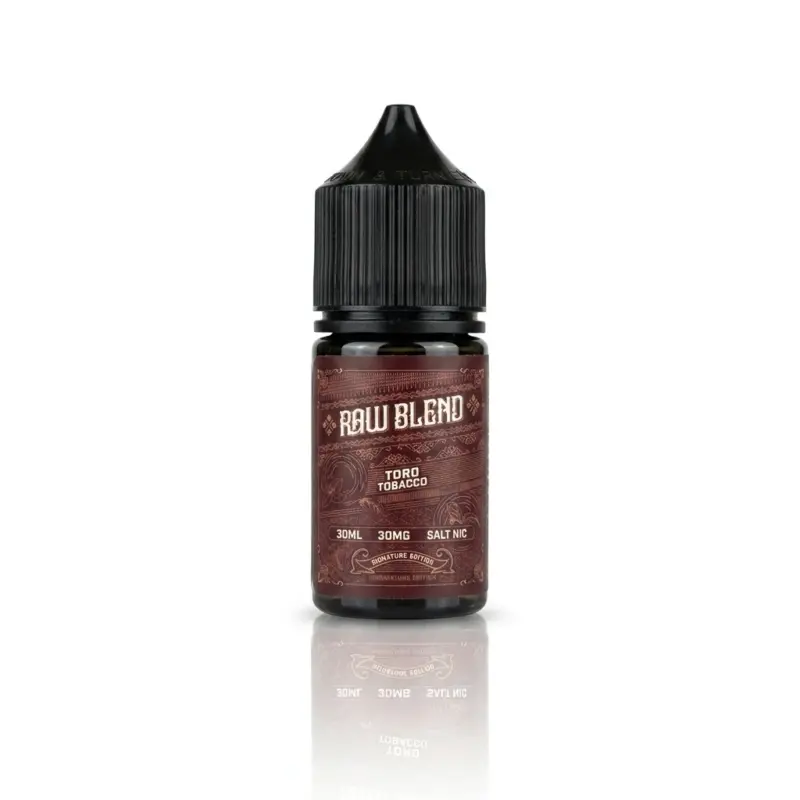 E-liquid bottle labeled 'Raw Blend' Toro Tobacco, 30ml, nicotine salt, with black cap, white background and reflection below.