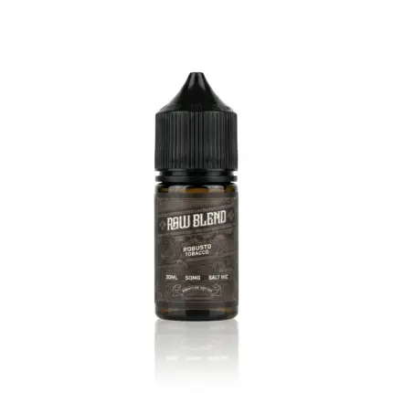 Brown glass vape juice bottle with a black cap; label reads RAW BLEND Robusto Tobacco, 30ml, 50mg salt nicotine.