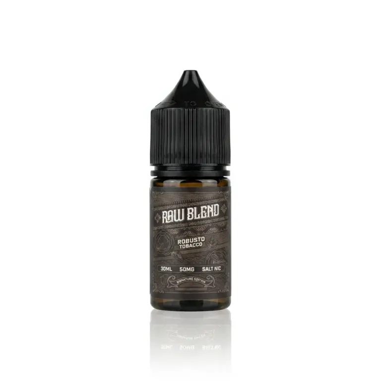 Brown glass vape juice bottle with a black cap; label reads RAW BLEND Robusto Tobacco, 30ml, 50mg salt nicotine.
