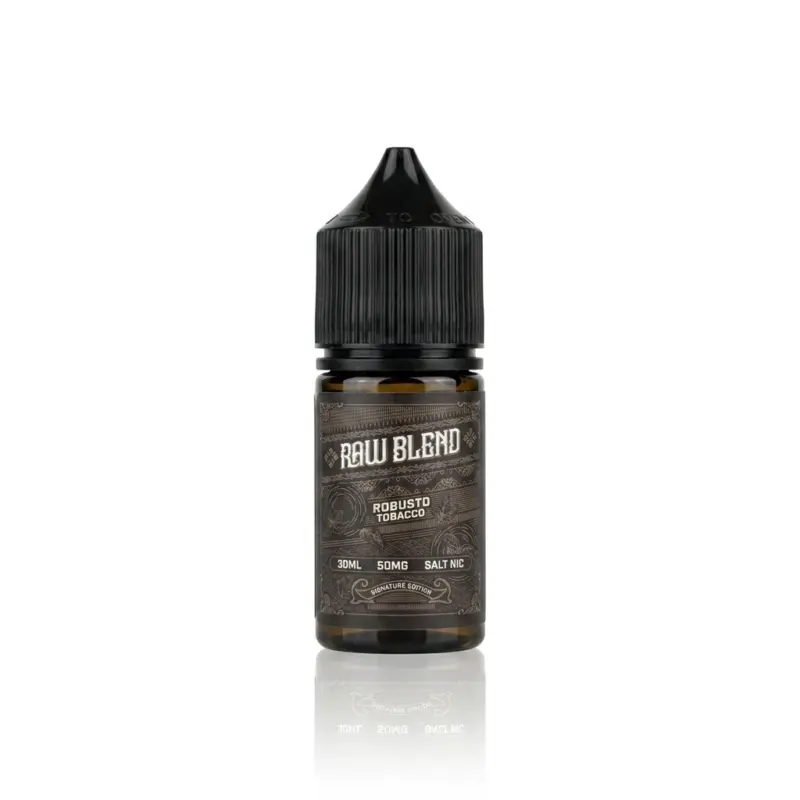 Brown glass vape juice bottle with a black cap; label reads RAW BLEND Robusto Tobacco, 30ml, 50mg salt nicotine.