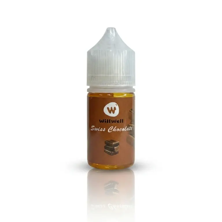 E-liquid bottle labeled WillWell Swiss Chocolate with a brown chocolate graphic on the label.