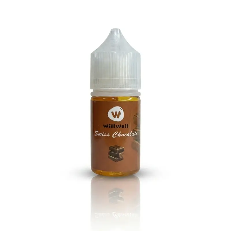 E-liquid bottle labeled WillWell Swiss Chocolate with a brown chocolate graphic on the label.