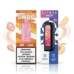 Two vape device boxes stand upright side by side, left pink Strawberry Peach pod and right Elf Bar V2 box, with a nicotine warning label below and a fruity background panel behind them.