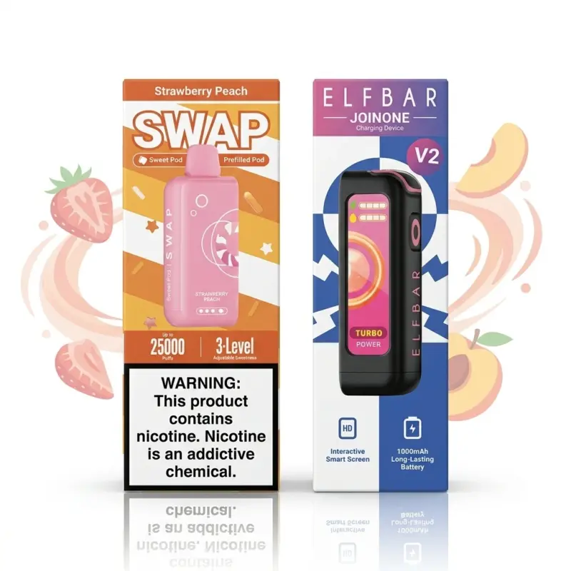 Two vape device boxes stand upright side by side, left pink Strawberry Peach pod and right Elf Bar V2 box, with a nicotine warning label below and a fruity background panel behind them.