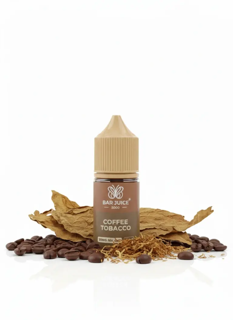 E-liquid bottle labeled 'Bar Juice 5000 Coffee Tobacco' surrounded by coffee beans and dried tobacco leaves on a white background.