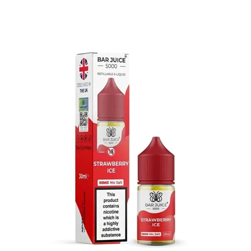 Bar Juice 5000 Strawberry Ice e-liquid bottle beside its red-and-white packaging with nicotine warning label.