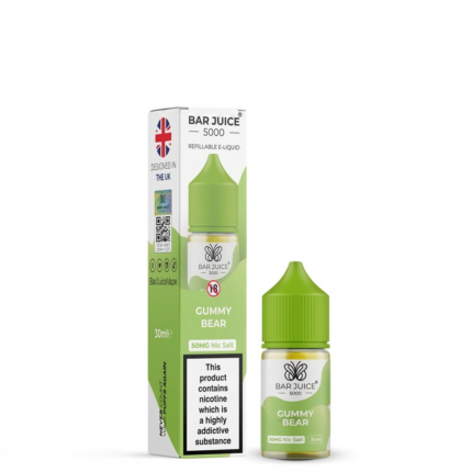 Box and bottle of Bar Juice Gummy Bear nicotine salt e-liquid, 50 mg, 30 ml, with green cap and packaging detailing 'GUMMY BEAR' flavor and warnings.