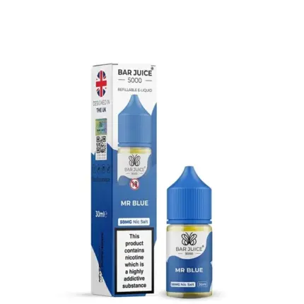Box and blue-capped bottle of Bar Juice 5000 MR BLUE nicotine salt e-liquid, 30 ml, with packaging in blue and white.