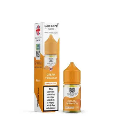 Box and bottle of Bar Juice 5000 Cream Tobacco e-liquid with orange and white packaging, nicotine salt, 30 ml bottle shown.