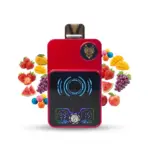 Red handheld payment terminal with a black touchscreen showing blue circular UI, surrounded by assorted fruits on a white background.