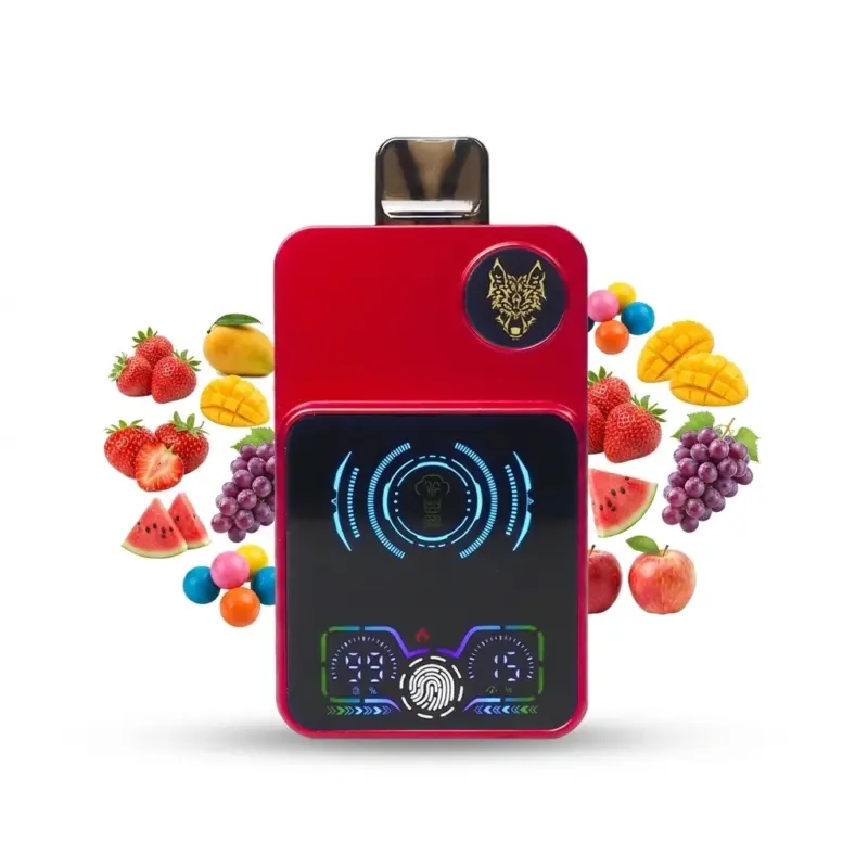 Red handheld payment terminal with a black touchscreen showing blue circular UI, surrounded by assorted fruits on a white background.