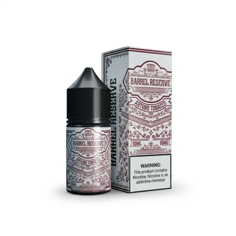Bottle and matching box of Barrel Reserve Arturo Tobacco e-liquid with ornate burgundy label design, 30ml/35mg I nicotine warning visible on box