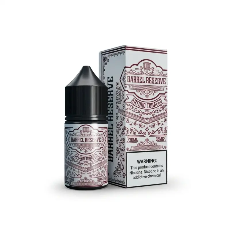 Bottle and matching box of Barrel Reserve Arturo Tobacco e-liquid with ornate burgundy label design, 30ml/35mg I nicotine warning visible on box