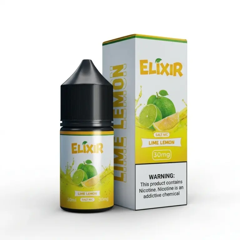 Elixir Lime Lemon vape juice bottle beside its matching box, yellow-green design, 30 ml, 30 mg nicotine (nicotine warning visible).