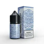 Bottle and matching blue-and-white box for Barrel Reserve e-liquid with intricate decorative design and nicotine warning label visible on the box (30ml, 35mg).