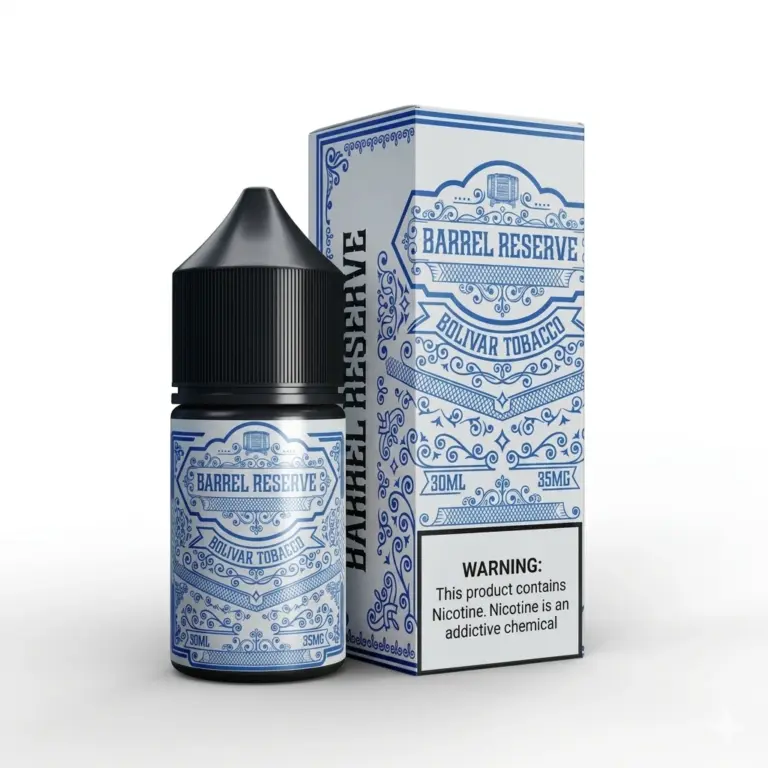 Bottle and matching blue-and-white box for Barrel Reserve e-liquid with intricate decorative design and nicotine warning label visible on the box (30ml, 35mg).