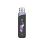 Sleek pod-style vape device with a blue body, transparent mouthpiece, and a vertical display reading 35W and 0.4Ω.
