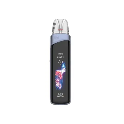 Sleek pod-style vape device with a blue body, transparent mouthpiece, and a vertical display reading 35W and 0.4Ω.