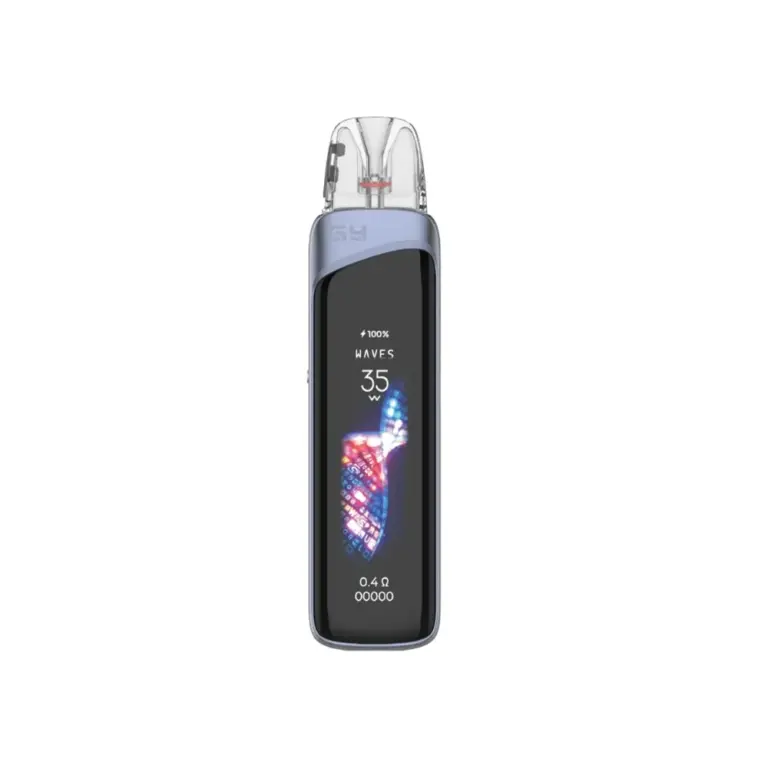 Sleek pod-style vape device with a blue body, transparent mouthpiece, and a vertical display reading 35W and 0.4Ω.