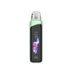 Green pod-style vape device with a clear cartridge and a tall black display showing '35 W' and wave graphic