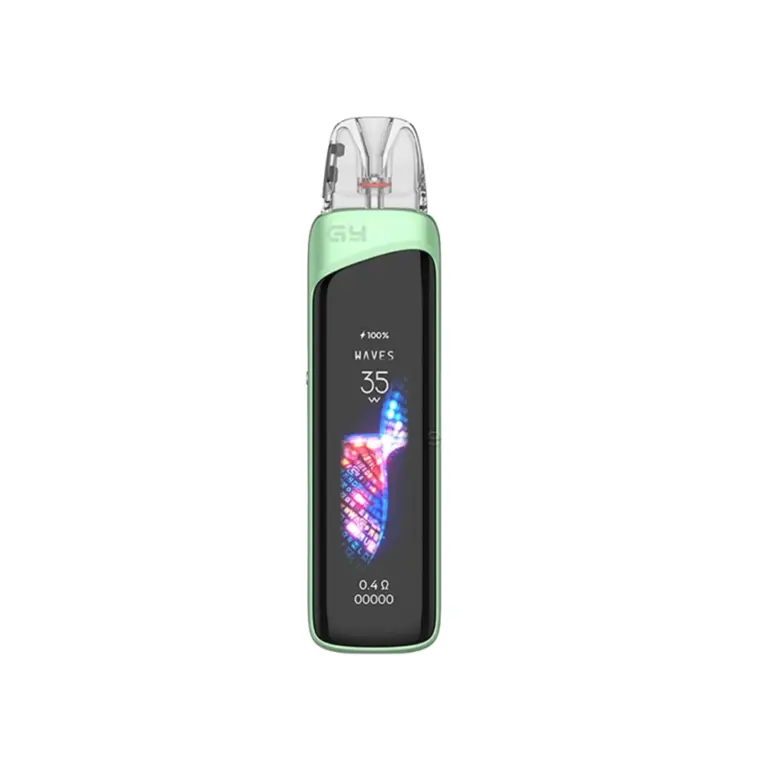 Green pod-style vape device with a clear cartridge and a tall black display showing '35 W' and wave graphic