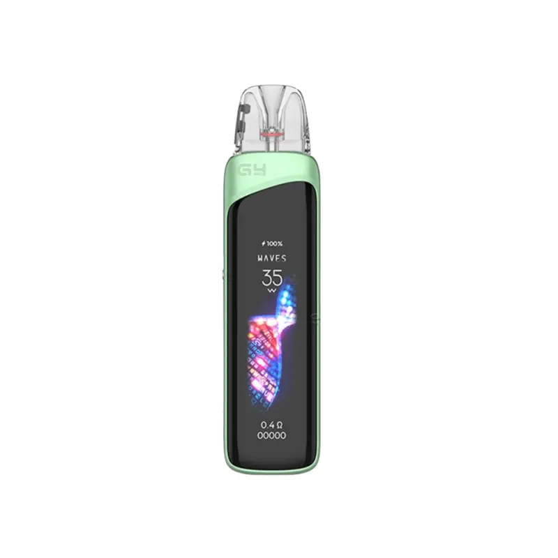 Green pod-style vape device with a clear cartridge and a tall black display showing '35 W' and wave graphic