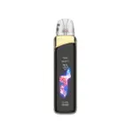 Gold-trimmed pod-style vape device with a clear mouthpiece and a vertical screen displaying 100% battery, 'WAVES', 35W, and 0.4Ω together with a colorful graphic.