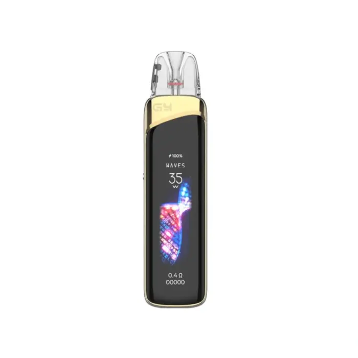 Gold-trimmed pod-style vape device with a clear mouthpiece and a vertical screen displaying 100% battery, 'WAVES', 35W, and 0.4Ω together with a colorful graphic.