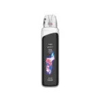 Pod-style vape device with a clear, transparent mouthpiece and a tall vertical display on a white body.