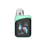 Mint-green pod-style vape device with a transparent cartridge on top and a black screen showing 100%, 25W, and storm mode.