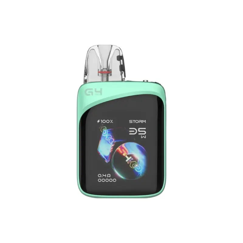 Mint-green pod-style vape device with a transparent cartridge on top and a black screen showing 100%, 25W, and storm mode.
