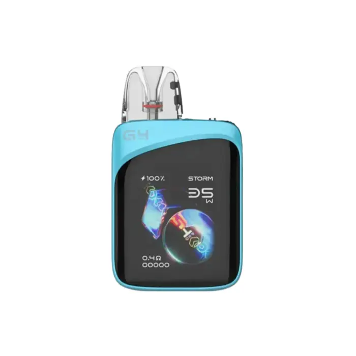 Blue compact vape device with a clear mouthpiece and black front panel.