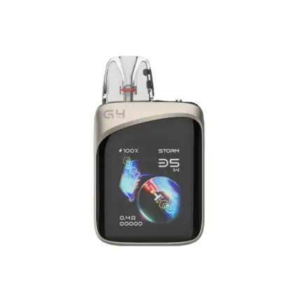 Portable pod vape device with a rounded beige body, black display screen, and a transparent mouthpiece on top.