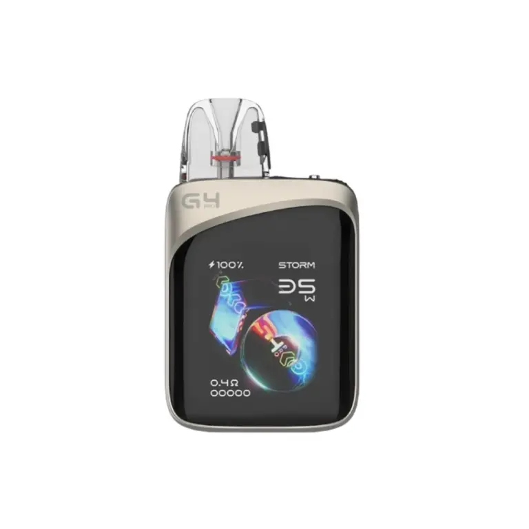 Portable pod vape device with a rounded beige body, black display screen, and a transparent mouthpiece on top.