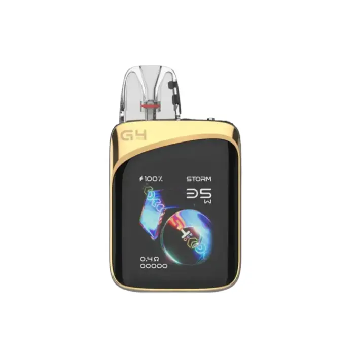Gold and black pod vape device with a transparent mouthpiece and curved, glossy frame.