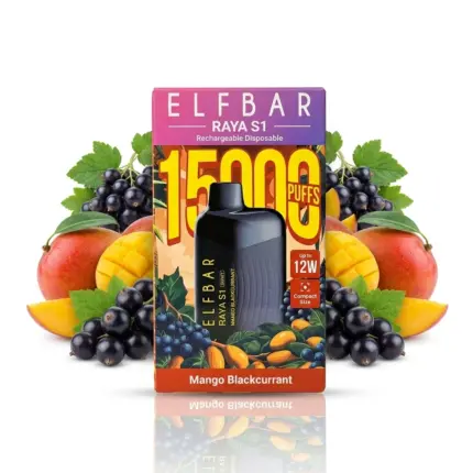 Elfbar Mango Blackcurrant disposable vape box surrounded by mangoes and blackcurrants.