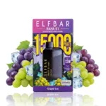 Elf Bar Raya S1 disposable vape in purple packaging, grape ice flavor, surrounded by grapes and ice cubes (1500 puffs)