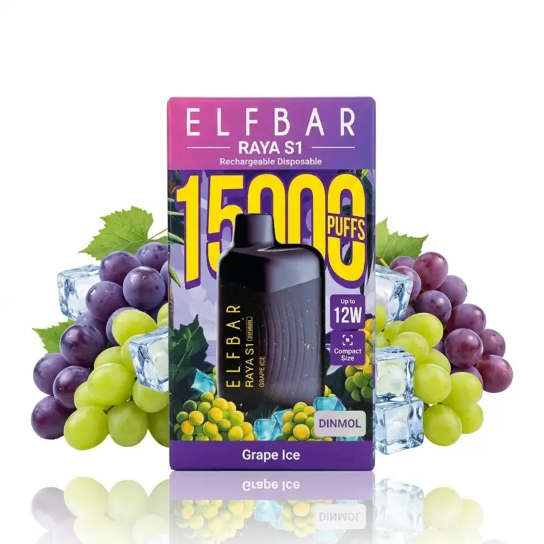 Elf Bar Raya S1 disposable vape in purple packaging, grape ice flavor, surrounded by grapes and ice cubes (1500 puffs)