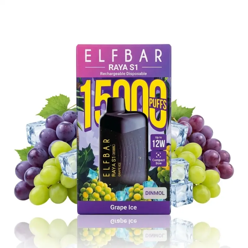 Elf Bar Raya S1 disposable vape in purple packaging, grape ice flavor, surrounded by grapes and ice cubes (1500 puffs)