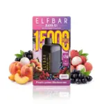 ELFBAR Raya S1 disposable vape box, 1500 puffs, Peach Lychee Blackcurrant flavor, with peach, lychee and berries nearby.
